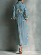 Blue And White Cotton Blend Striped Shirt Dress Women UK – Smart Casual Holiday Wear Brunch