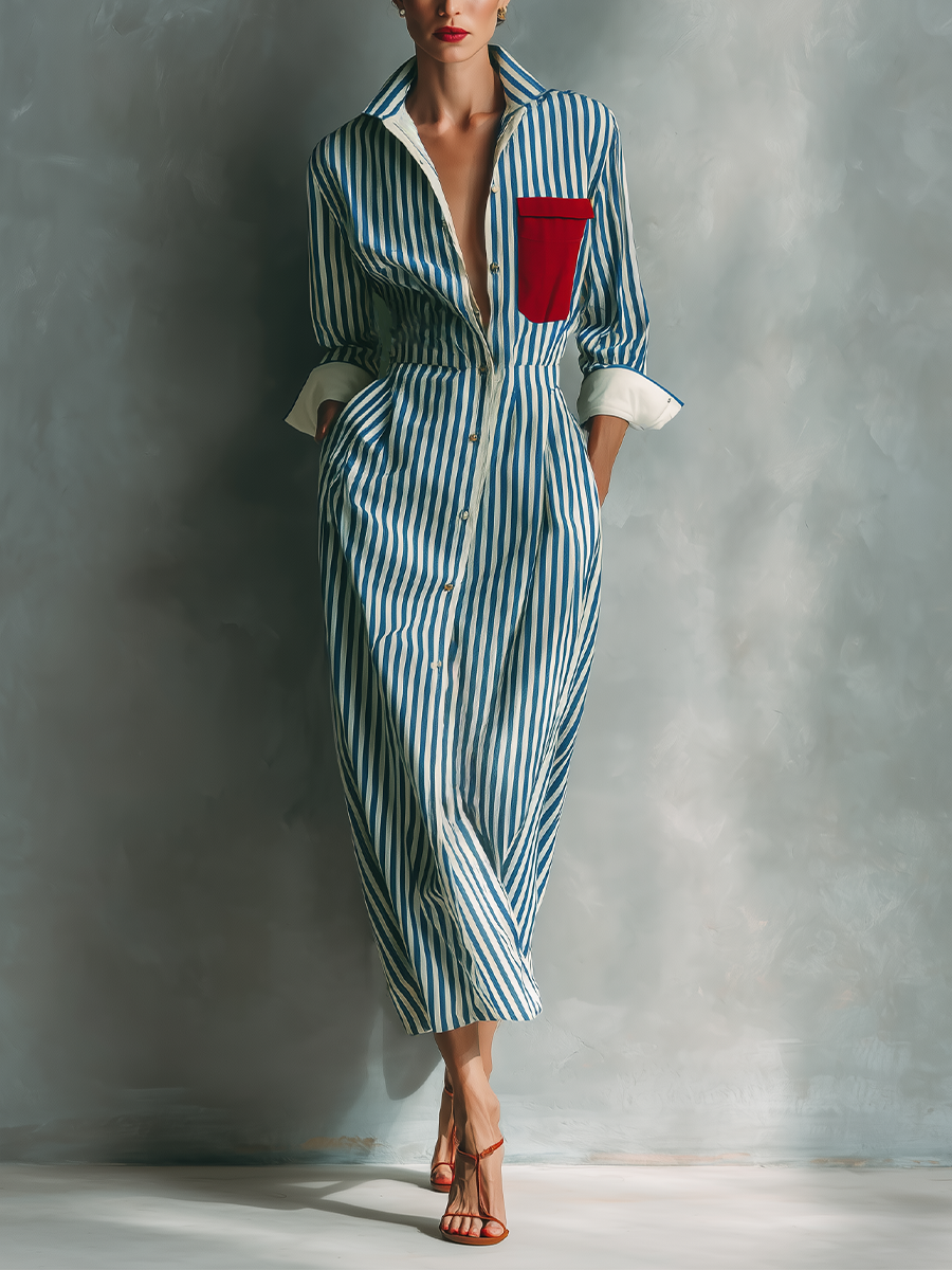 Blue And White Cotton Blend Striped Shirt Dress Women UK – Smart Casual Holiday Wear Brunch