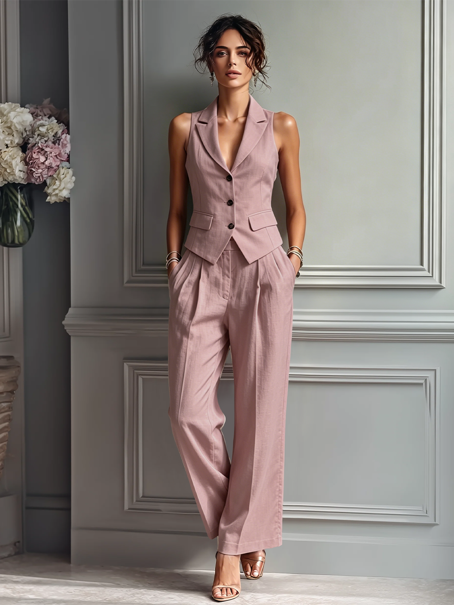Blush Pink Linen Two-Piece Set for Women UK – Sleeveless Vest & Wide-Leg Trousers, Garden Party Brunch