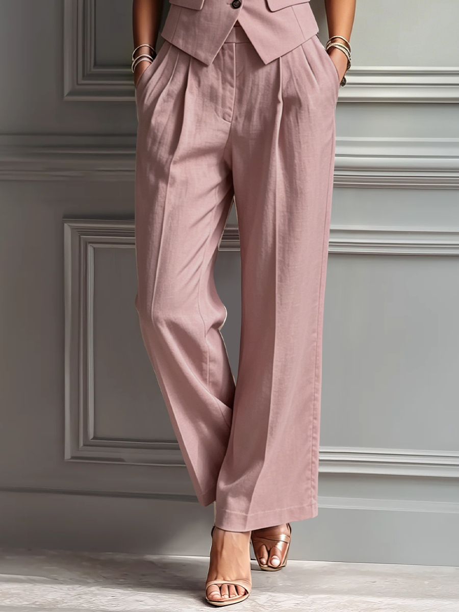 Blush Pink Linen Two-Piece Set for Women UK – Sleeveless Vest & Wide-Leg Trousers, Garden Party Brunch