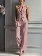 Blush Pink Linen Two-Piece Set for Women UK – Sleeveless Vest & Wide-Leg Trousers, Garden Party Brunch