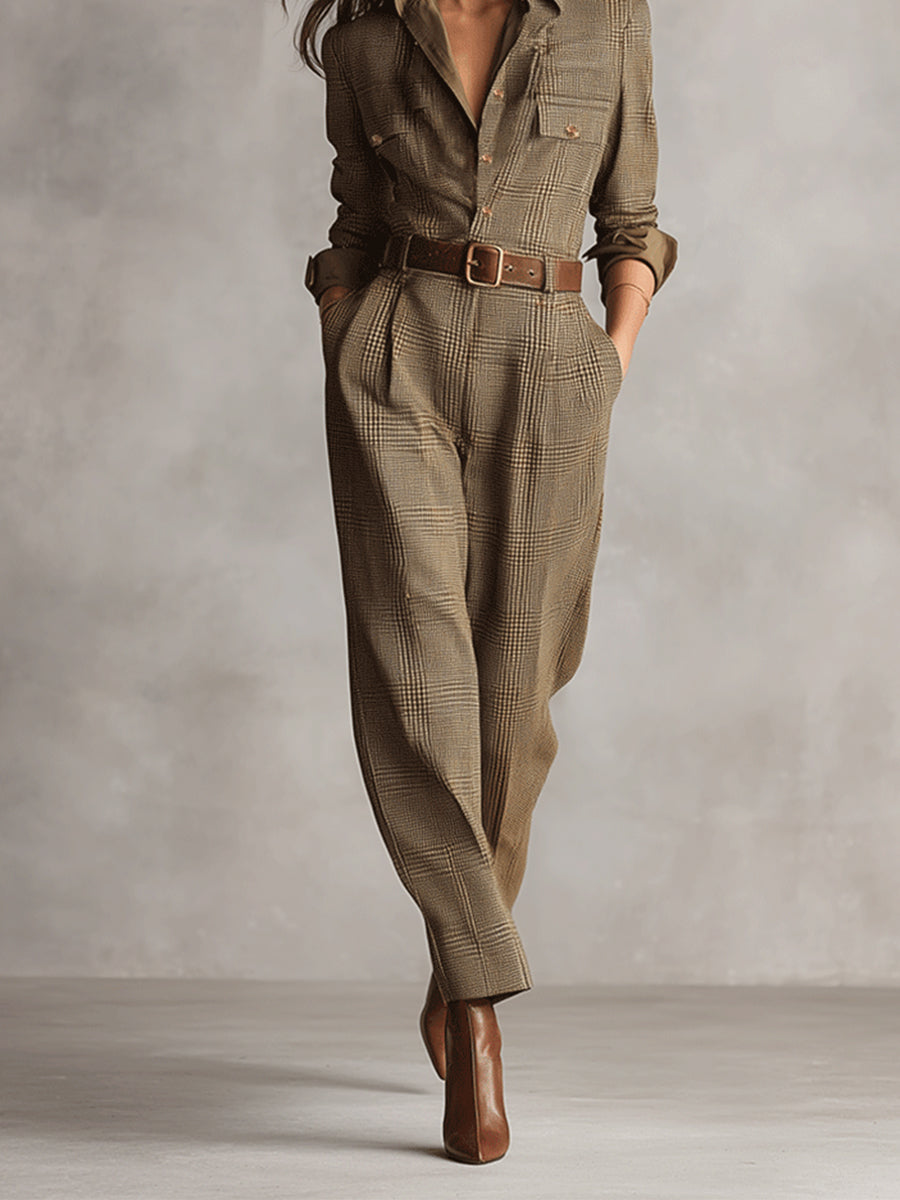 Brown Tweed Utility Jumpsuit for Women UK – Smart Casual Holiday Wear, Wedding Guest