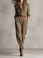 Brown Tweed Utility Jumpsuit for Women UK – Smart Casual Holiday Wear, Wedding Guest