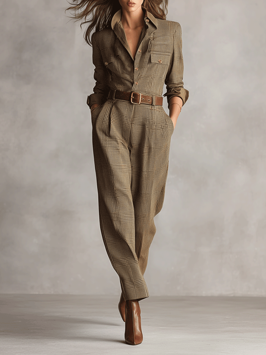 Brown Tweed Utility Jumpsuit for Women UK – Smart Casual Holiday Wear, Wedding Guest