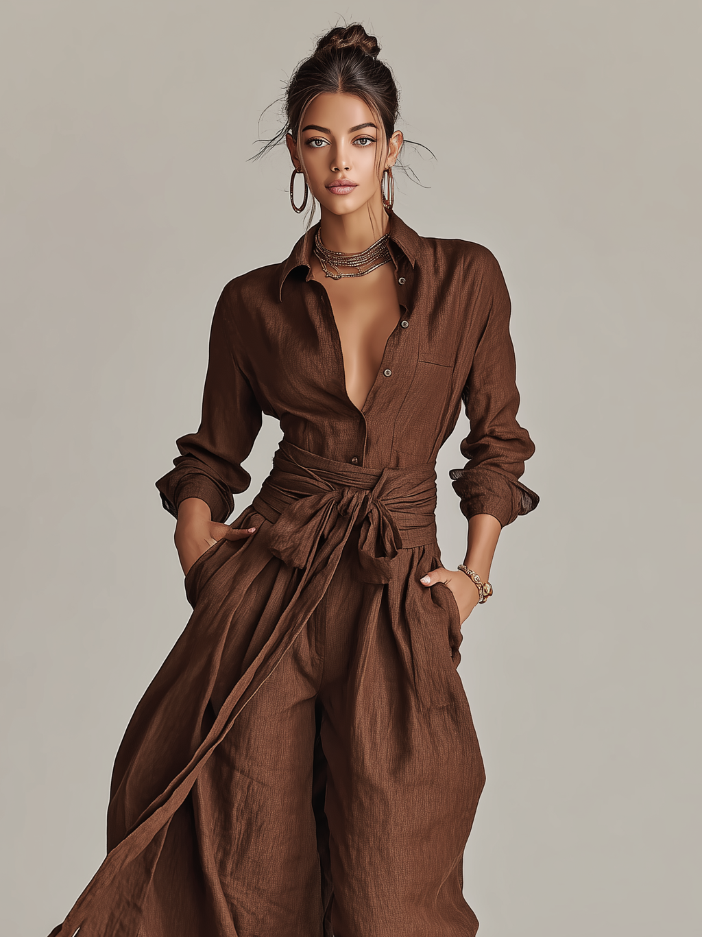 Brown Woven Cotton-Linen Long-Sleeved Jumpsuit Women UK – Smart Casual Holiday Wear, Wedding Guest