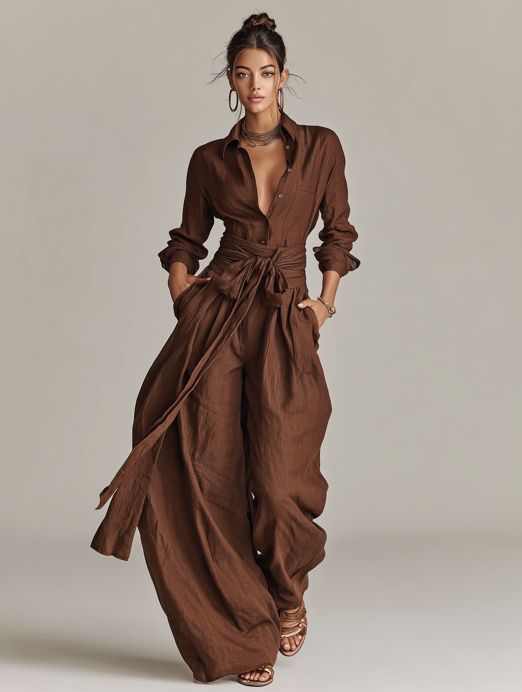 Brown Woven Cotton-Linen Long-Sleeved Jumpsuit Women UK – Smart Casual Holiday Wear, Wedding Guest