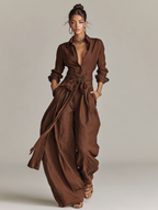Brown Woven Cotton-Linen Long-Sleeved Jumpsuit Women UK – Smart Casual Holiday Wear, Wedding Guest