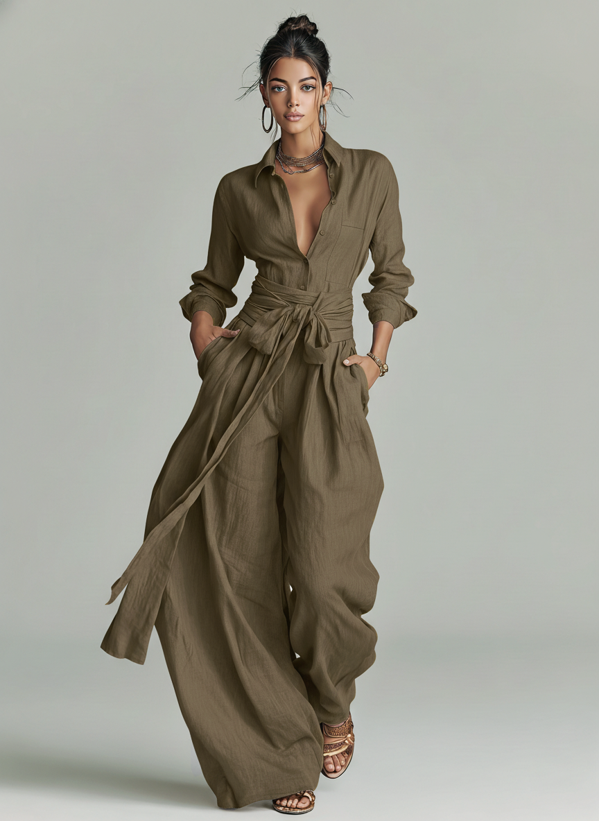 Brown Woven Cotton-Linen Long-Sleeved Jumpsuit Women UK – Smart Casual Holiday Wear, Wedding Guest