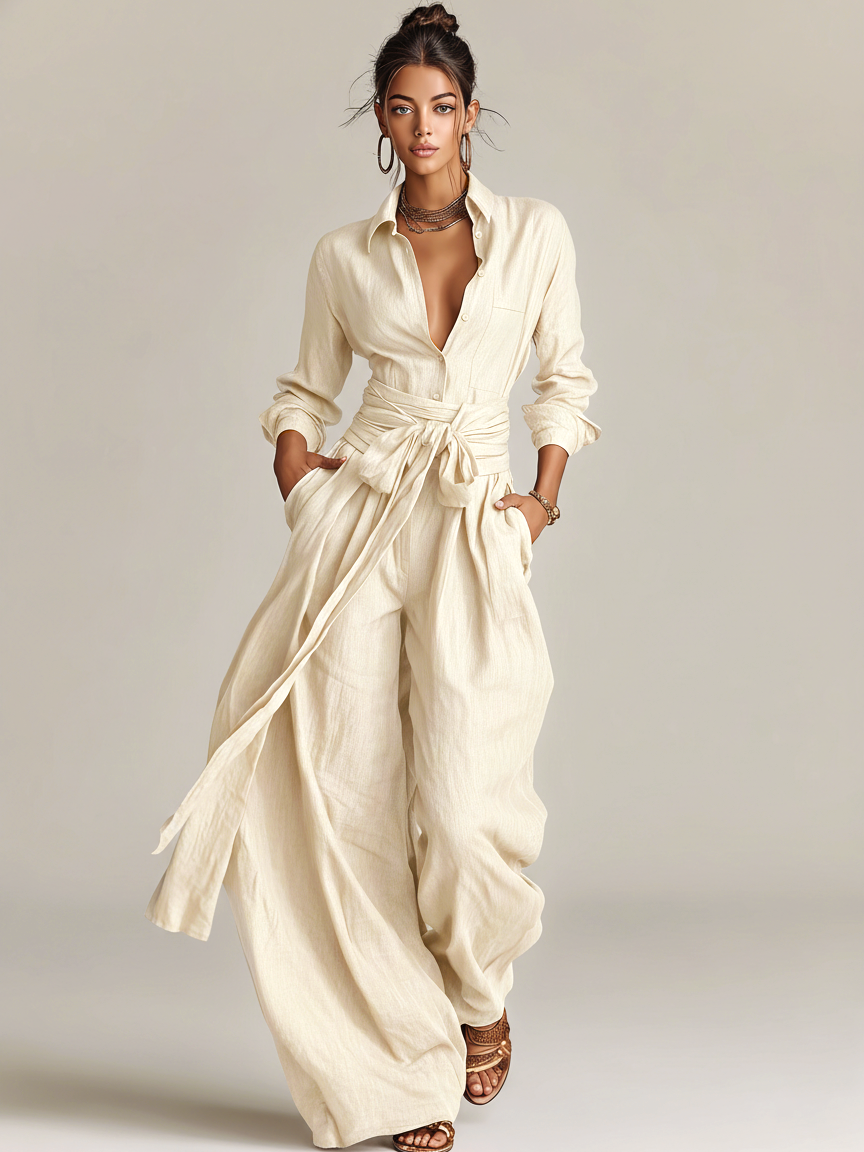 Brown Woven Cotton-Linen Long-Sleeved Jumpsuit Women UK – Smart Casual Holiday Wear, Wedding Guest