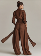 Brown Woven Cotton-Linen Long-Sleeved Jumpsuit Women UK – Smart Casual Holiday Wear, Wedding Guest