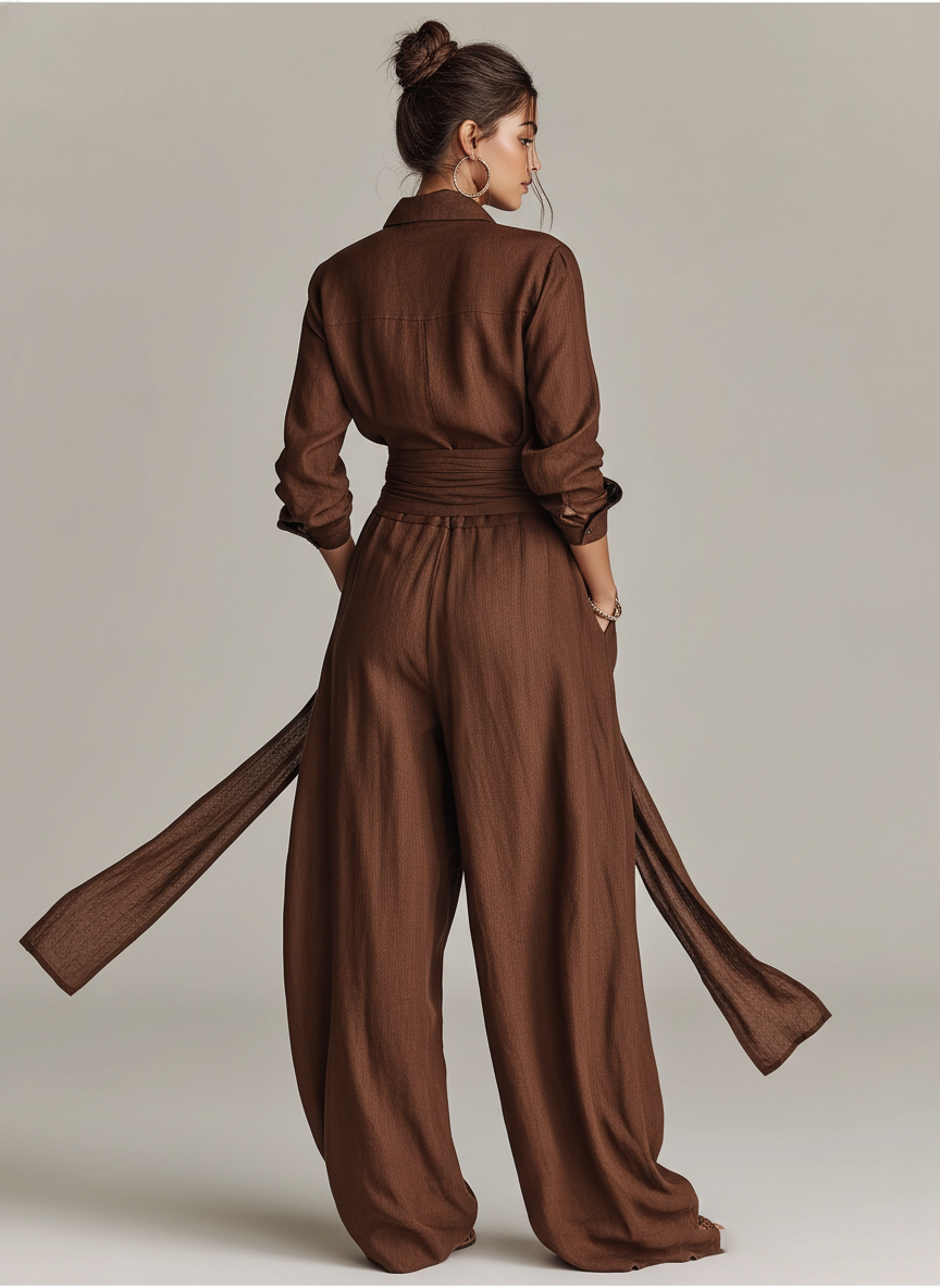 Brown Woven Cotton-Linen Long-Sleeved Jumpsuit Women UK – Smart Casual Holiday Wear, Wedding Guest