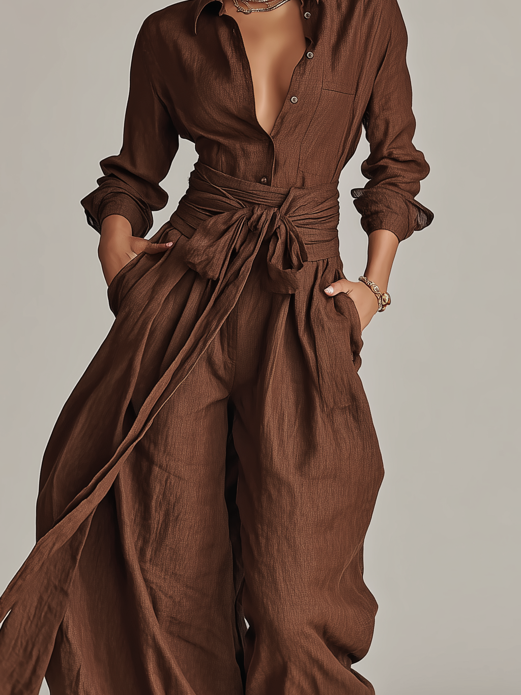 Brown Woven Cotton-Linen Long-Sleeved Jumpsuit Women UK – Smart Casual Holiday Wear, Wedding Guest