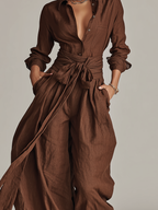 Brown Woven Cotton-Linen Long-Sleeved Jumpsuit Women UK – Smart Casual Holiday Wear, Wedding Guest