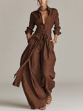 Brown Woven Cotton-Linen Long-Sleeved Jumpsuit Women UK – Smart Casual Holiday Wear, Wedding Guest