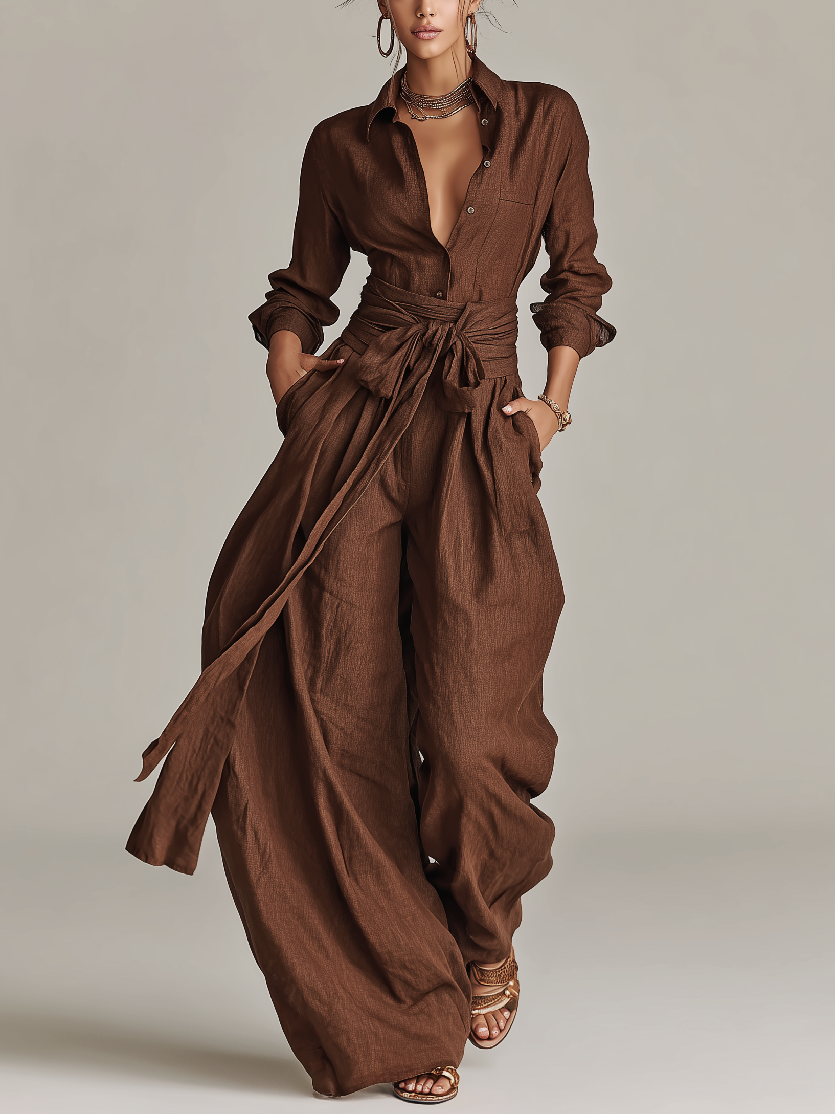 Brown Woven Cotton-Linen Long-Sleeved Jumpsuit Women UK – Smart Casual Holiday Wear, Wedding Guest