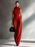 Burgundy Cotton-Linen Blend Sleeveless Turtleneck Jumpsuit Women UK – Smart Casual Holiday Wear, Wedding Guest