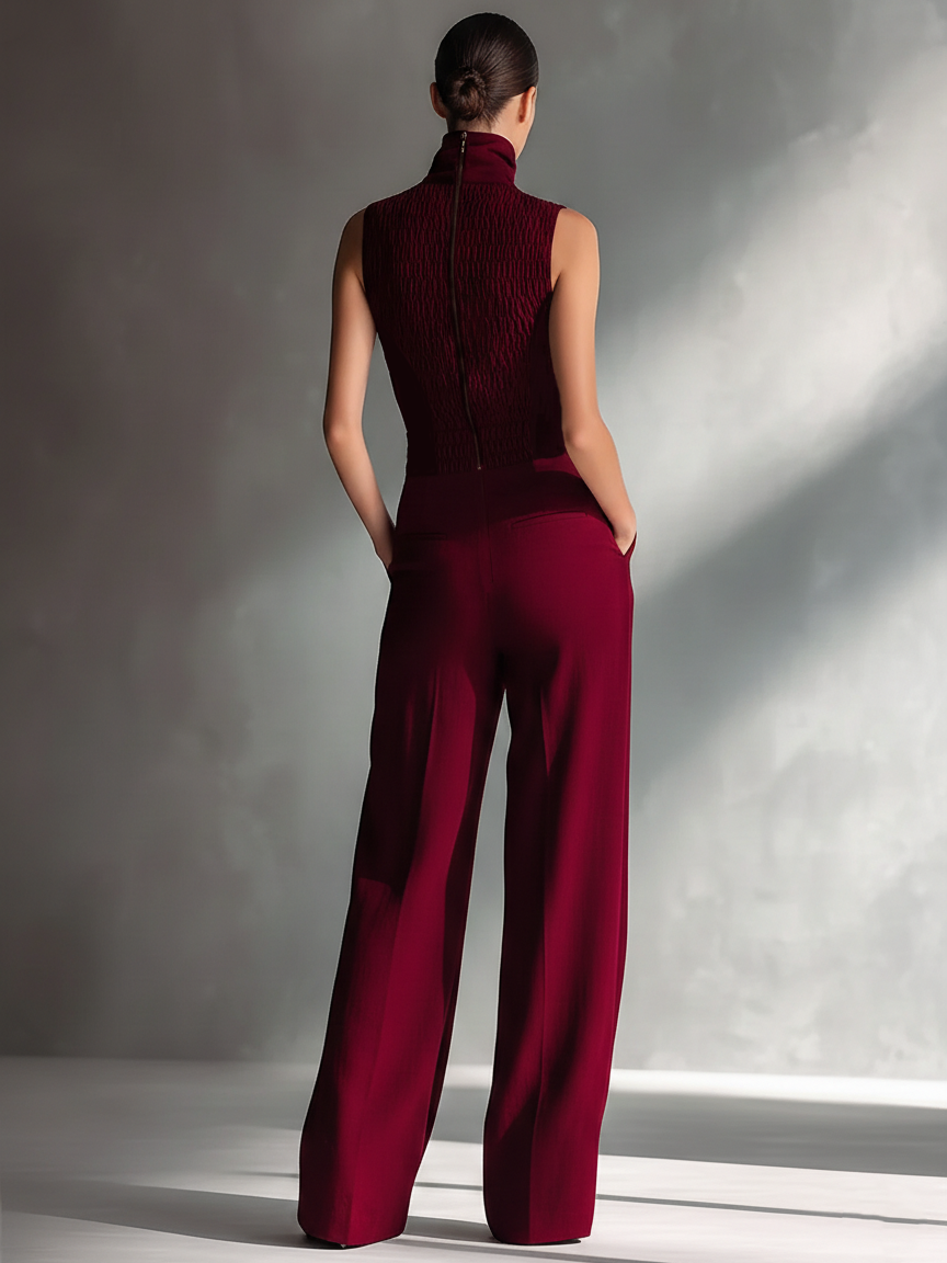 Burgundy Cotton-Linen Blend Sleeveless Turtleneck Jumpsuit Women UK – Smart Casual Holiday Wear, Wedding Guest