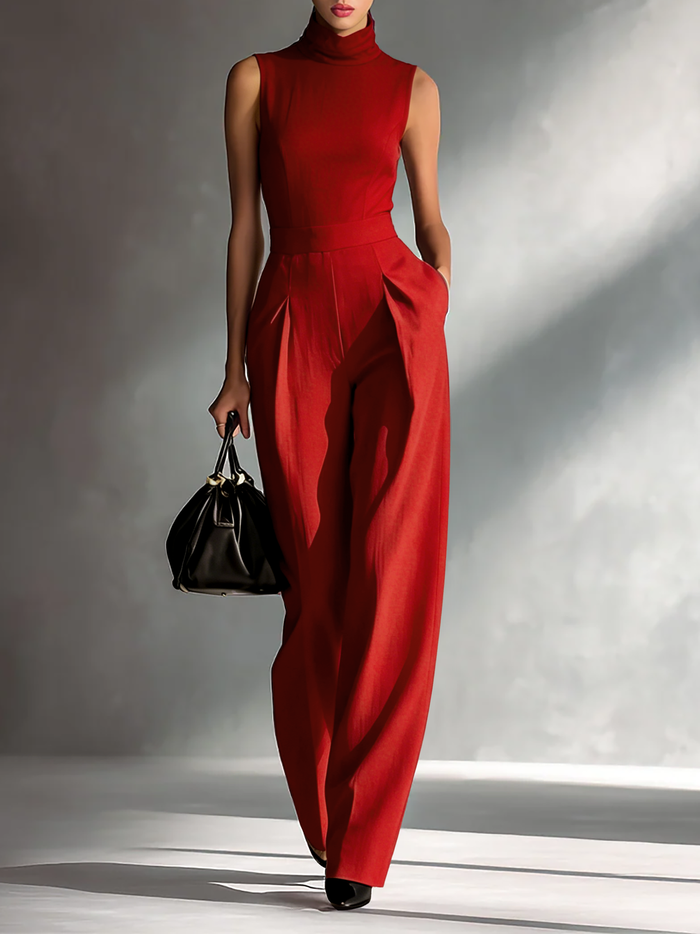 Burgundy Cotton-Linen Blend Sleeveless Turtleneck Jumpsuit Women UK – Smart Casual Holiday Wear, Wedding Guest