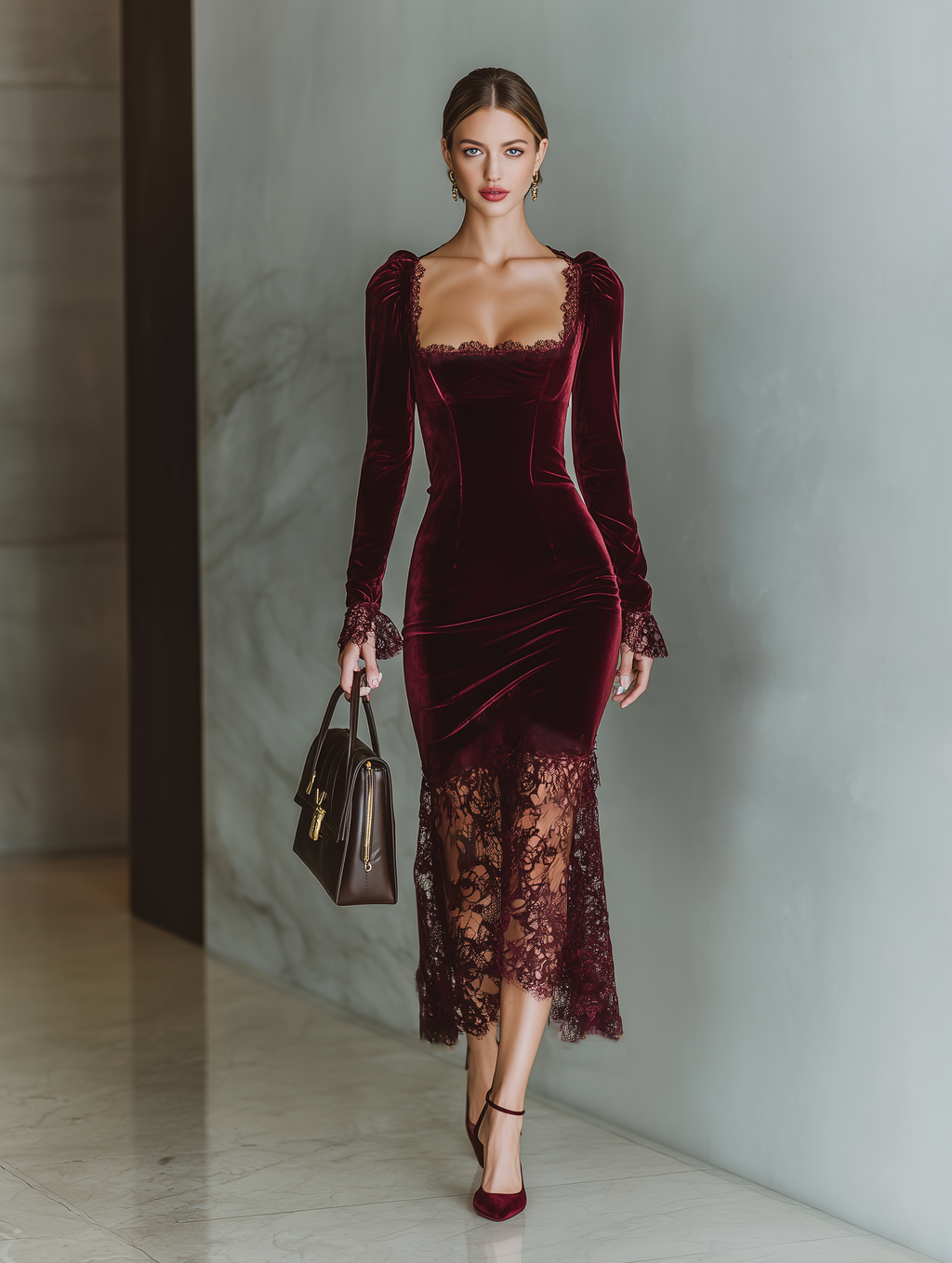 Burgundy Velvet Fitted Maxi Dress Women UK – Wedding Guest Cocktail Evening Gown, Formal Occasion
