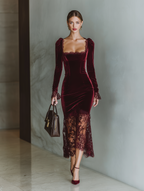 Burgundy Velvet Fitted Maxi Dress Women UK – Wedding Guest Cocktail Evening Gown, Formal Occasion