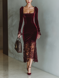 Burgundy Velvet Fitted Maxi Dress Women UK – Wedding Guest Cocktail Evening Gown, Formal Occasion