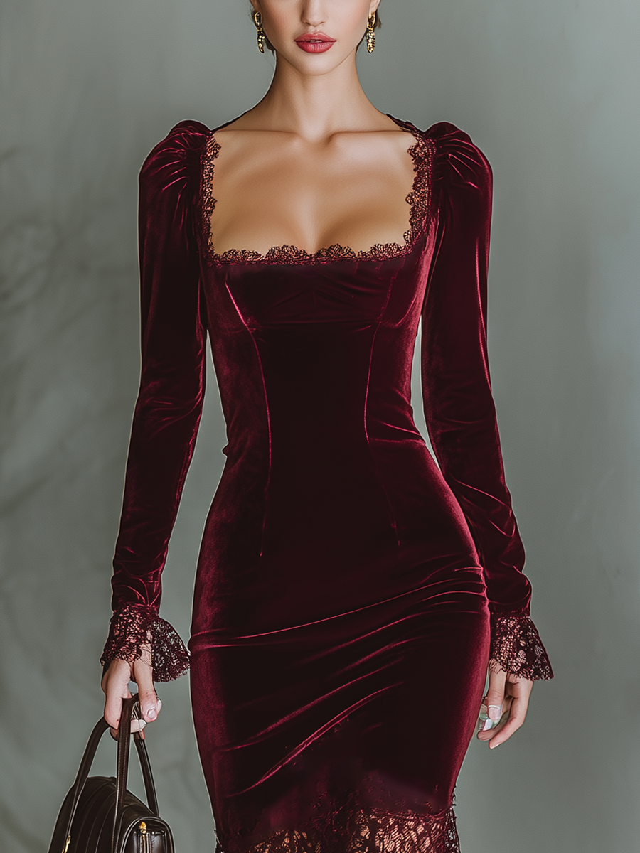 Burgundy Velvet Fitted Maxi Dress Women UK – Wedding Guest Cocktail Evening Gown, Formal Occasion