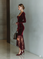 Burgundy Velvet Fitted Maxi Dress Women UK – Wedding Guest Cocktail Evening Gown, Formal Occasion