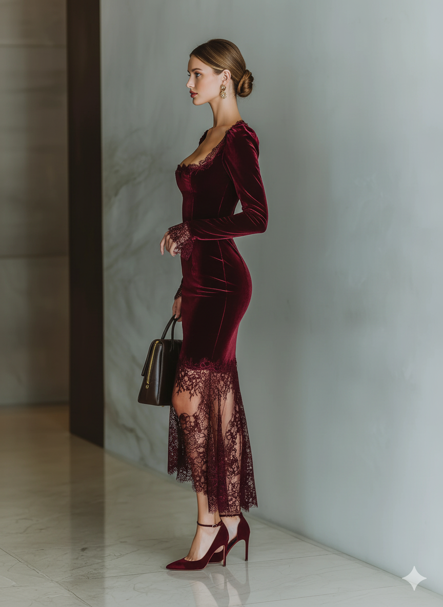 Burgundy Velvet Fitted Maxi Dress Women UK – Wedding Guest Cocktail Evening Gown, Formal Occasion