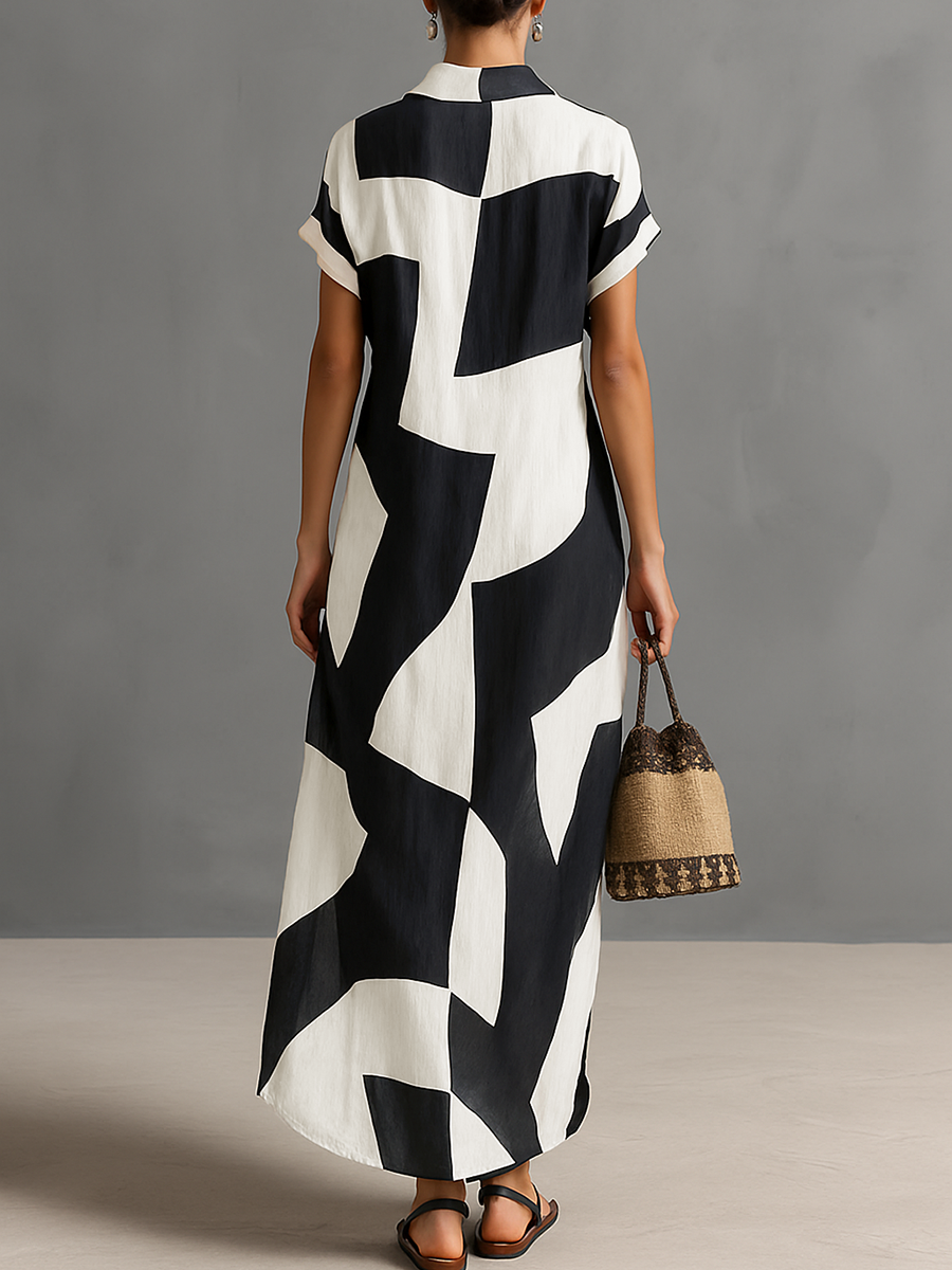Cotton And Linen Blend Irregular Geometric Print Maxi Shirt Dress Women UK – Wedding Guest Garden Party Evening Gown