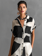 Cotton And Linen Blend Irregular Geometric Print Maxi Shirt Dress Women UK – Wedding Guest Garden Party Evening Gown