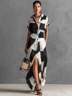 Cotton And Linen Blend Irregular Geometric Print Maxi Shirt Dress Women UK – Wedding Guest Garden Party Evening Gown