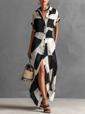 Cotton And Linen Blend Irregular Geometric Print Maxi Shirt Dress Women UK – Wedding Guest Garden Party Evening Gown