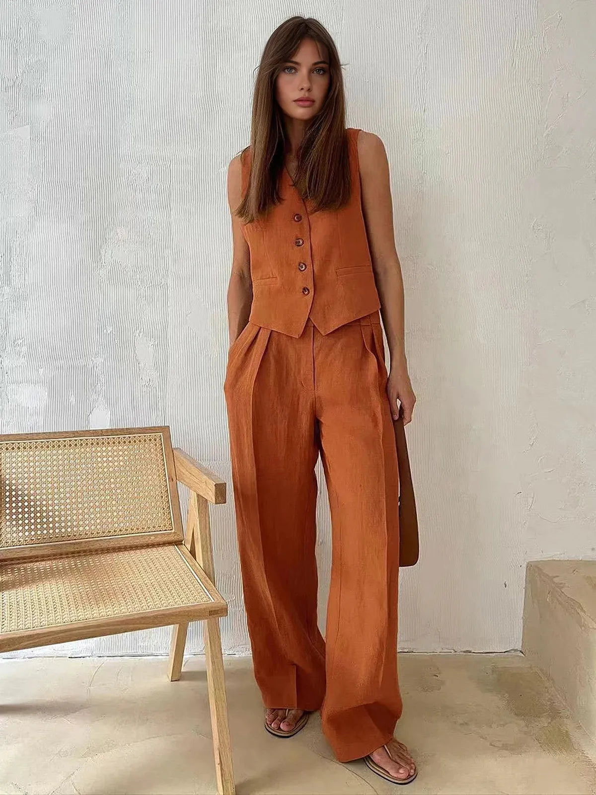 Cotton Linen Two-Piece Outfit for Casual Wear and Relaxation