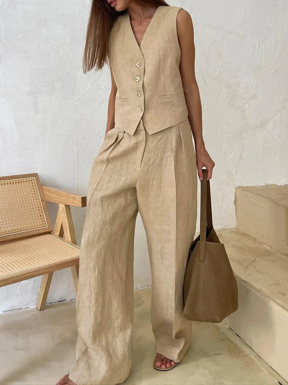 Cotton Linen Two-Piece Outfit for Casual Wear and Relaxation