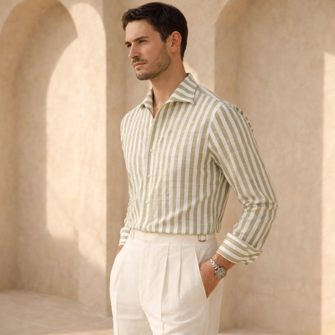 Cotton Striped Collared Shirt for Men - Casual Wear, Short Sleeve