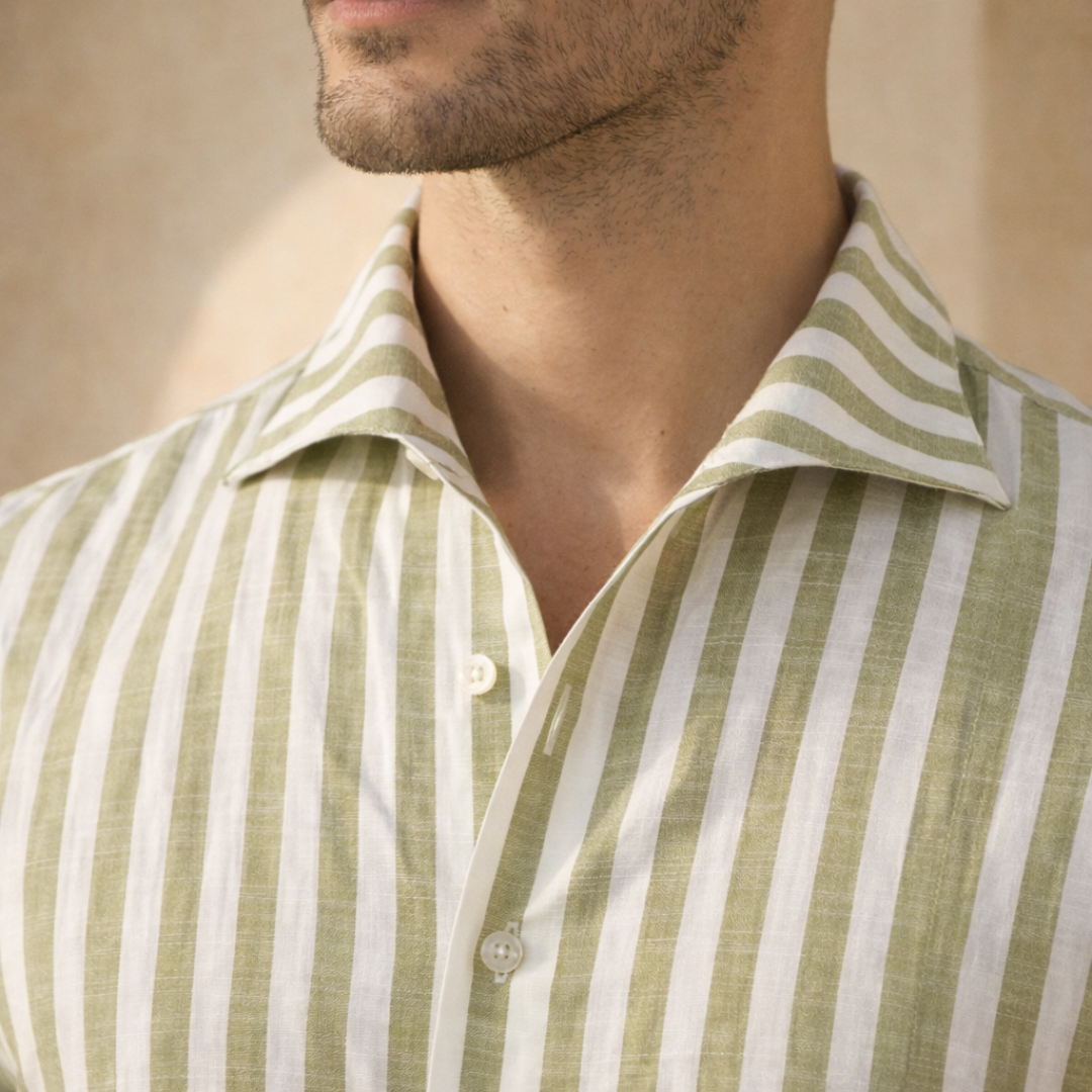 Cotton Striped Collared Shirt for Men - Casual Wear, Short Sleeve