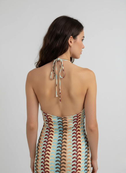 Crochet Maxi Dress for Summer Evenings - Halterneck Design, Lightweight Fabric, Perfect for Casual Events