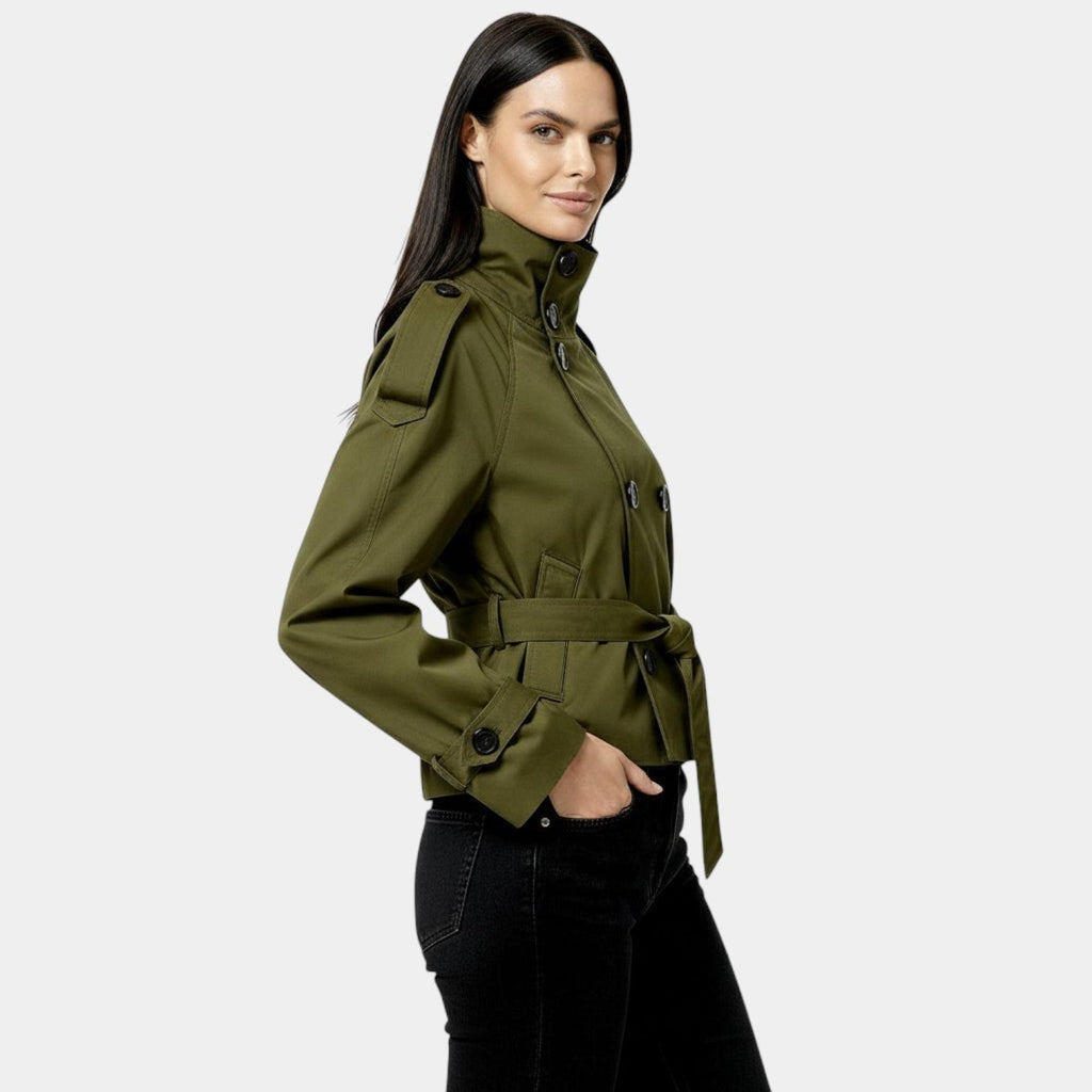 Cropped Trench Jacket for Women - Belted Short Coat in Lightweight Fabric - Stylish Outerwear for Casual and Dressy Occasions