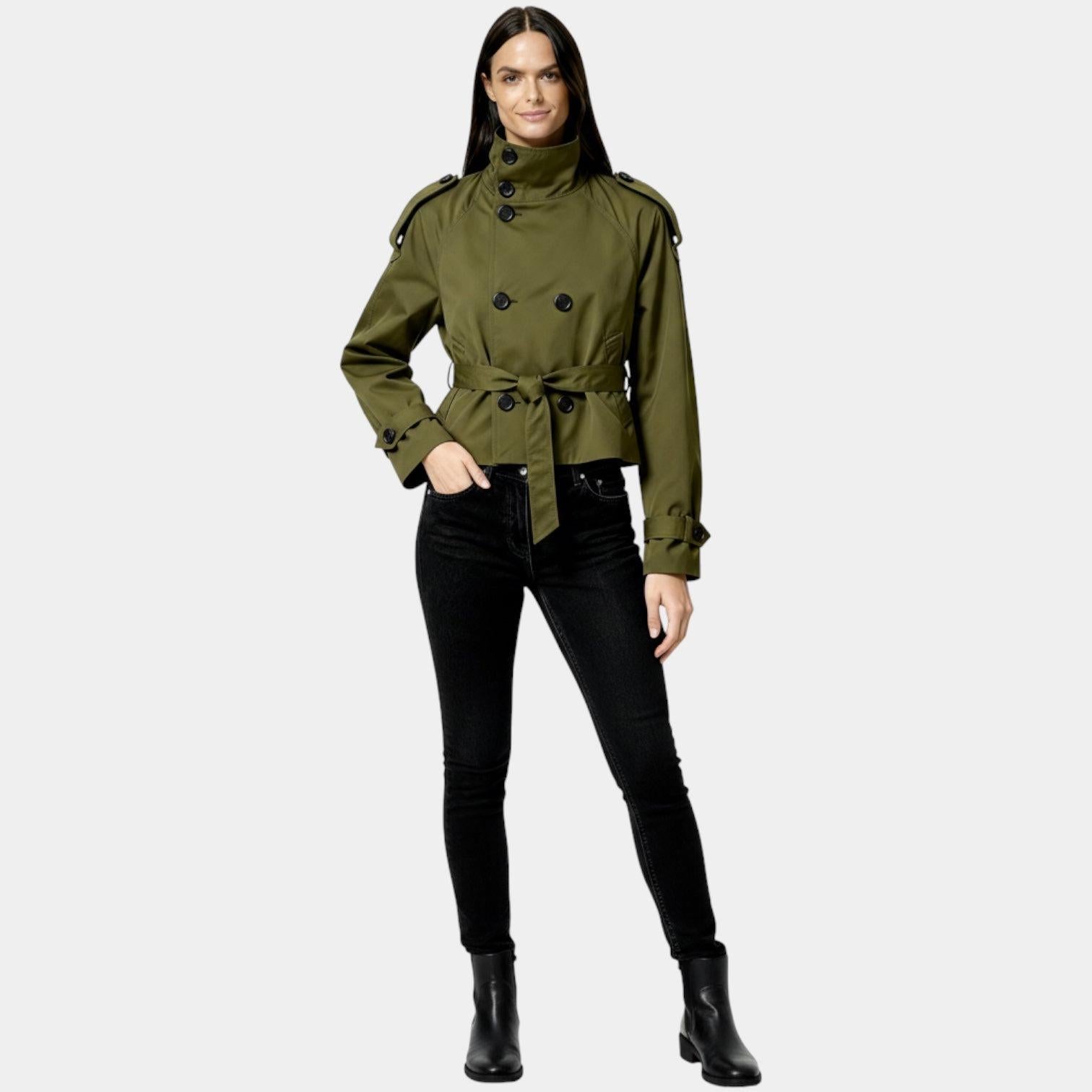 Cropped Trench Jacket for Women - Belted Short Coat in Lightweight Fabric - Stylish Outerwear for Casual and Dressy Occasions
