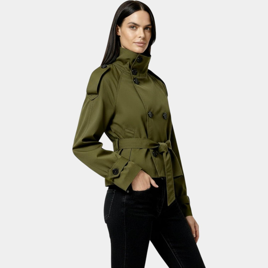 Cropped Trench Jacket for Women - Belted Short Coat in Lightweight Fabric - Stylish Outerwear for Casual and Dressy Occasions