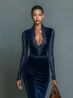 Dark Blue Velvet Slim-fit V-neck Midi Dress Women UK – Wedding Guest Cocktail Evening Gown, Formal Occasion