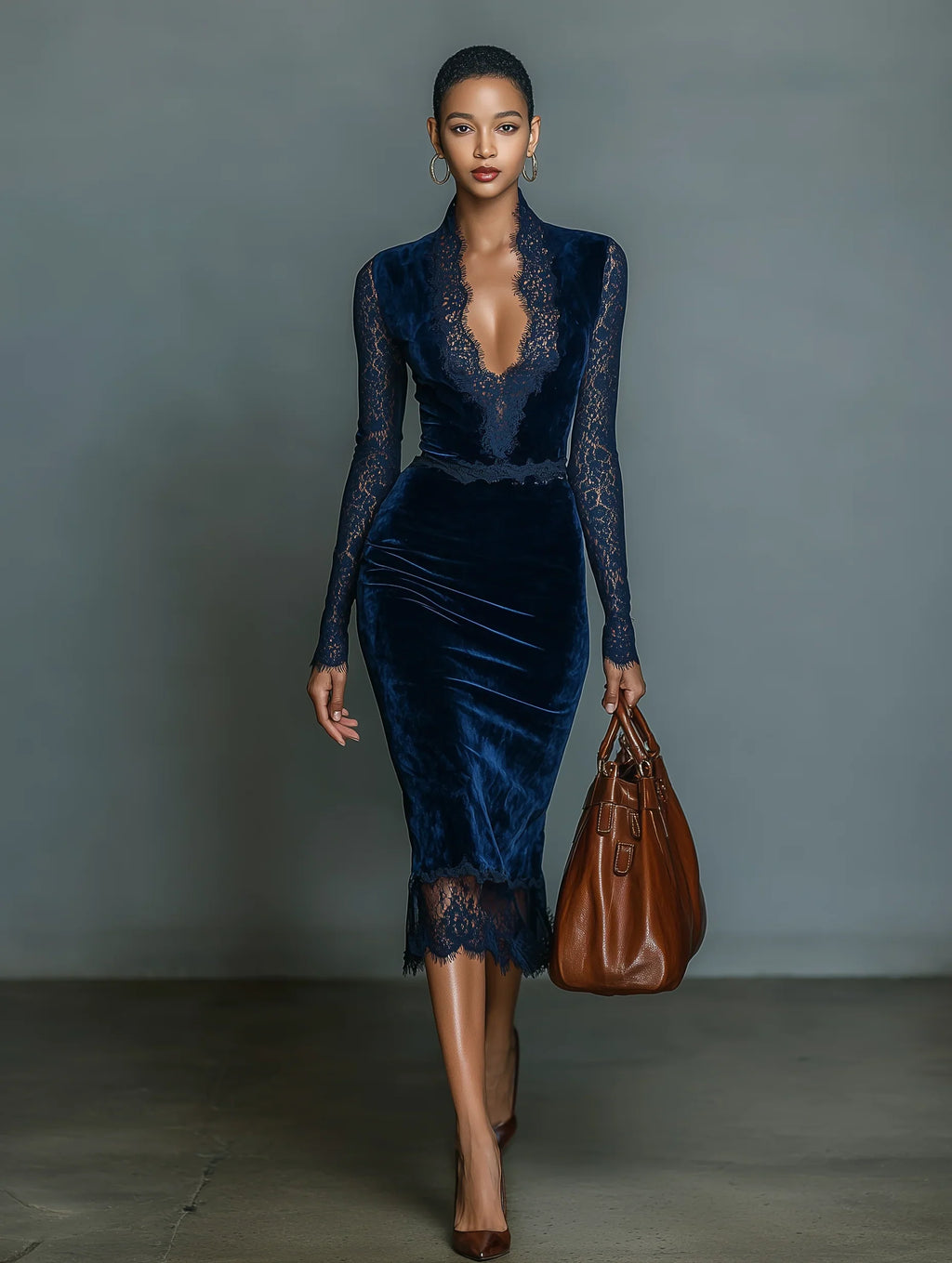Dark Blue Velvet Slim-fit V-neck Midi Dress Women UK – Wedding Guest Cocktail Evening Gown, Formal Occasion