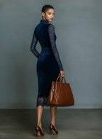 Dark Blue Velvet Slim-fit V-neck Midi Dress Women UK – Wedding Guest Cocktail Evening Gown, Formal Occasion