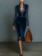 Dark Blue Velvet Slim-fit V-neck Midi Dress Women UK – Wedding Guest Cocktail Evening Gown, Formal Occasion