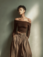 Dark Brown Off-the-shoulder Fitted Top Women UK – Smart Casual Brunch Holiday Outfit, Co-ord Set with Matching Wide-leg Trousers
