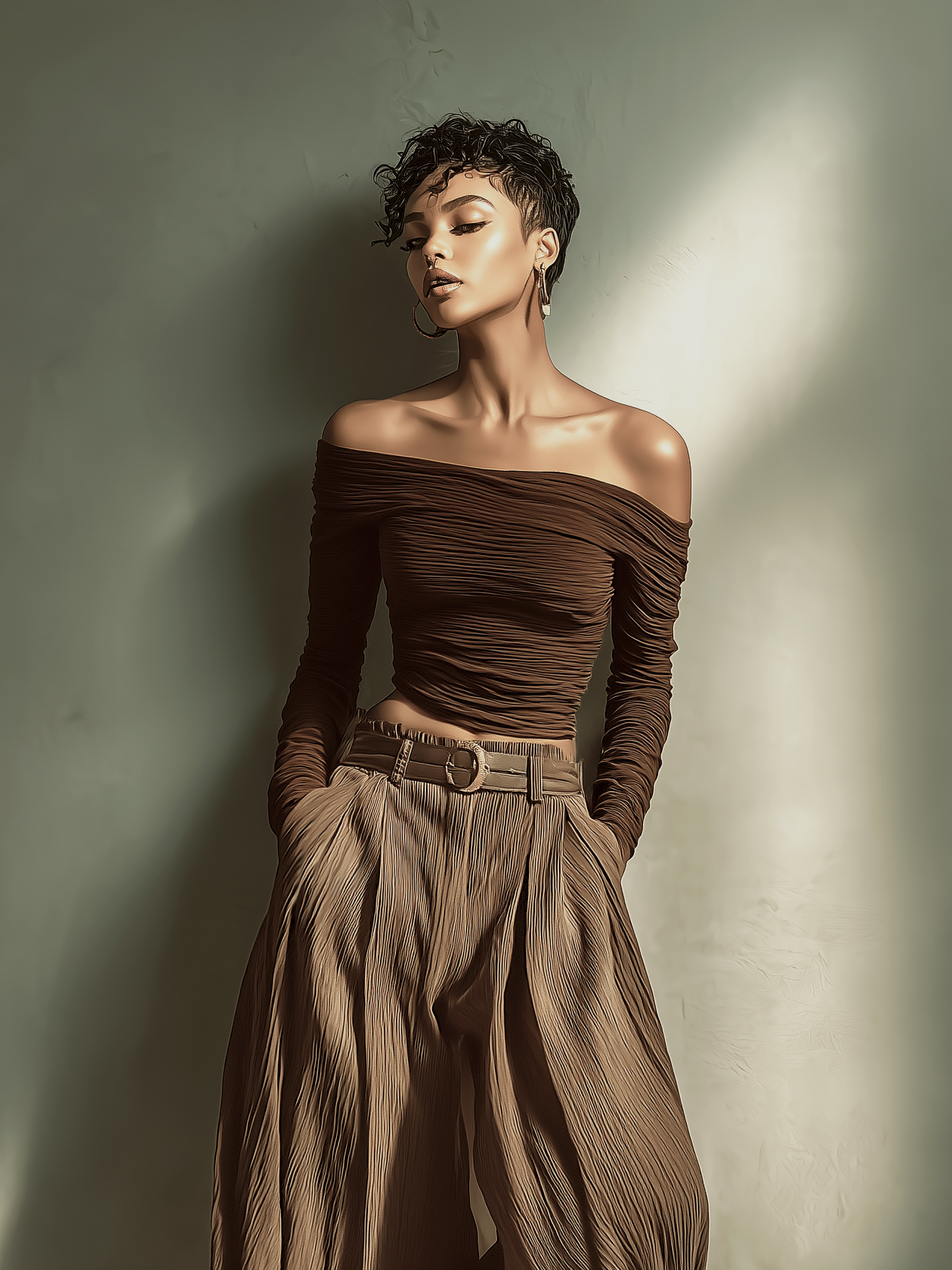 Dark Brown Off-the-shoulder Fitted Top Women UK – Smart Casual Brunch Holiday Outfit, Co-ord Set with Matching Wide-leg Trousers