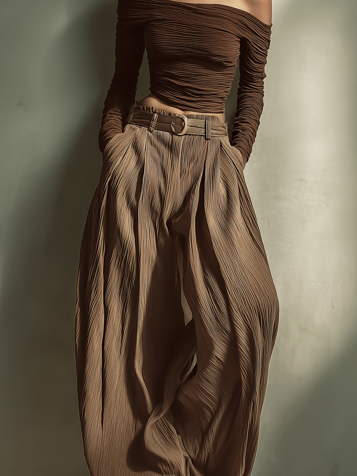 Dark Brown Off-the-shoulder Fitted Top Women UK – Smart Casual Brunch Holiday Outfit, Co-ord Set with Matching Wide-leg Trousers