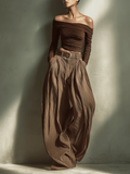 Dark Brown Off-the-shoulder Fitted Top Women UK – Smart Casual Brunch Holiday Outfit, Co-ord Set with Matching Wide-leg Trousers