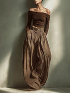 Dark Brown Off-the-shoulder Fitted Top Women UK – Smart Casual Brunch Holiday Outfit, Co-ord Set with Matching Wide-leg Trousers