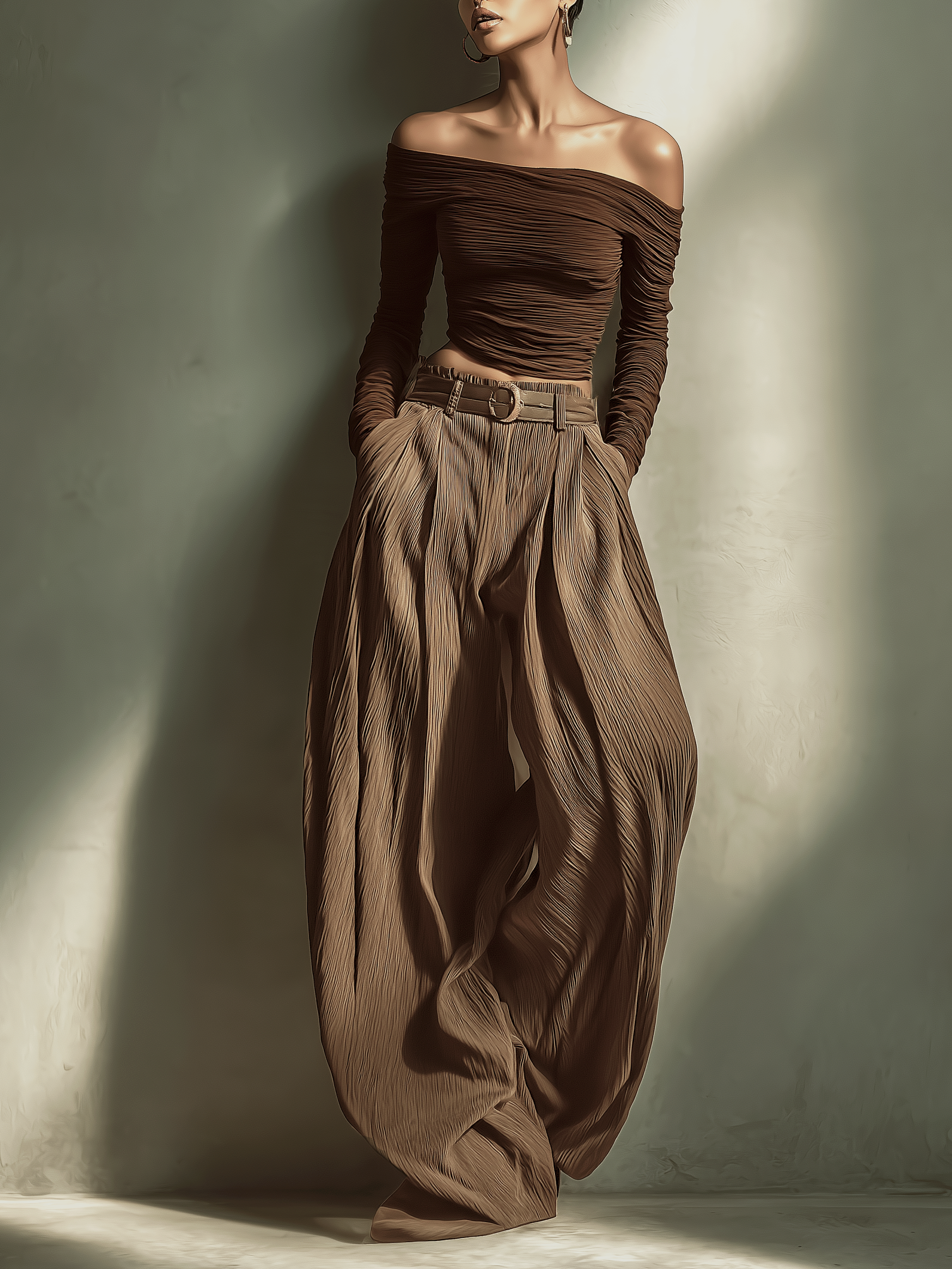 Dark Brown Off-the-shoulder Fitted Top Women UK – Smart Casual Brunch Holiday Outfit, Co-ord Set with Matching Wide-leg Trousers